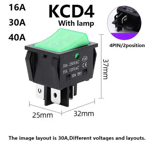 

Переключатели кнопки питания KCD4, пластик, 30/35A 250/125 В переменного тока