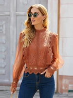 summer women blouse streetwear long sleeve lace hollow out mesh sheer patchwork casual shirt elegant fashion female ruffle tops