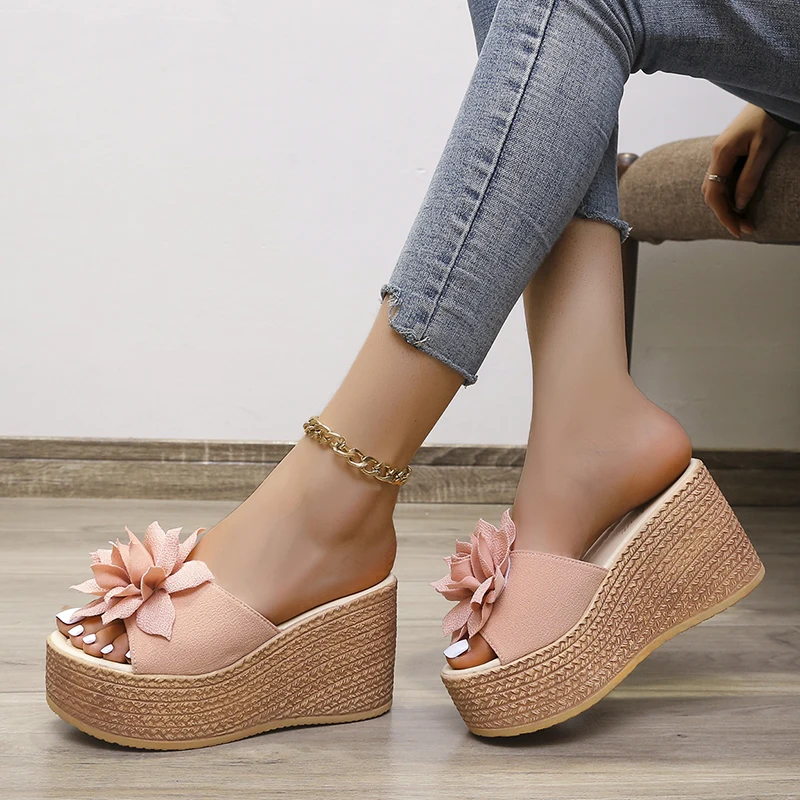 9cm Heels Summer Beach Platform Women Wedge Slippers Appliques Butterfly-knot Female Sandals Clog Shoes Slides Women Flip Flops