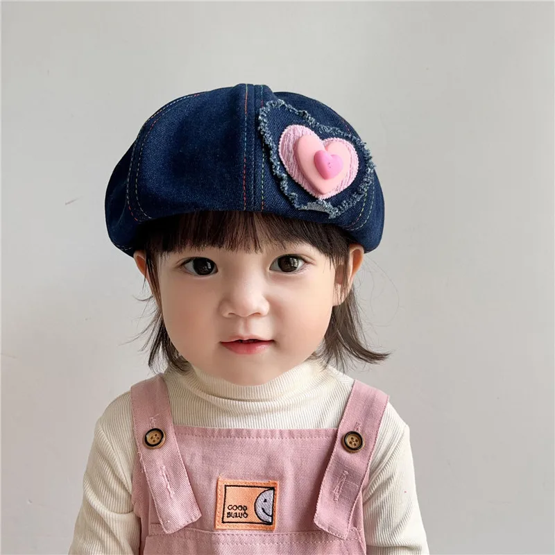 

Denim Little Girls Octagon Hat Autumn Fashion Decorate Beret Cap for Kids Girl Cute Heart-shaped Patch Patchwork Painter Hat