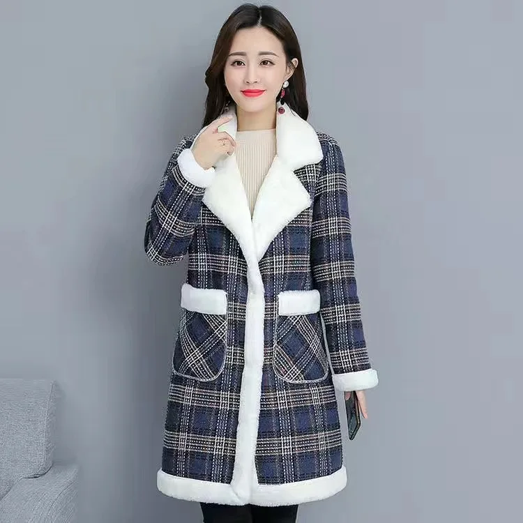

Куртка женская свободного покроя, модное шерстяное пальто в клетку, повседневная, Осень-зима, 4XL
