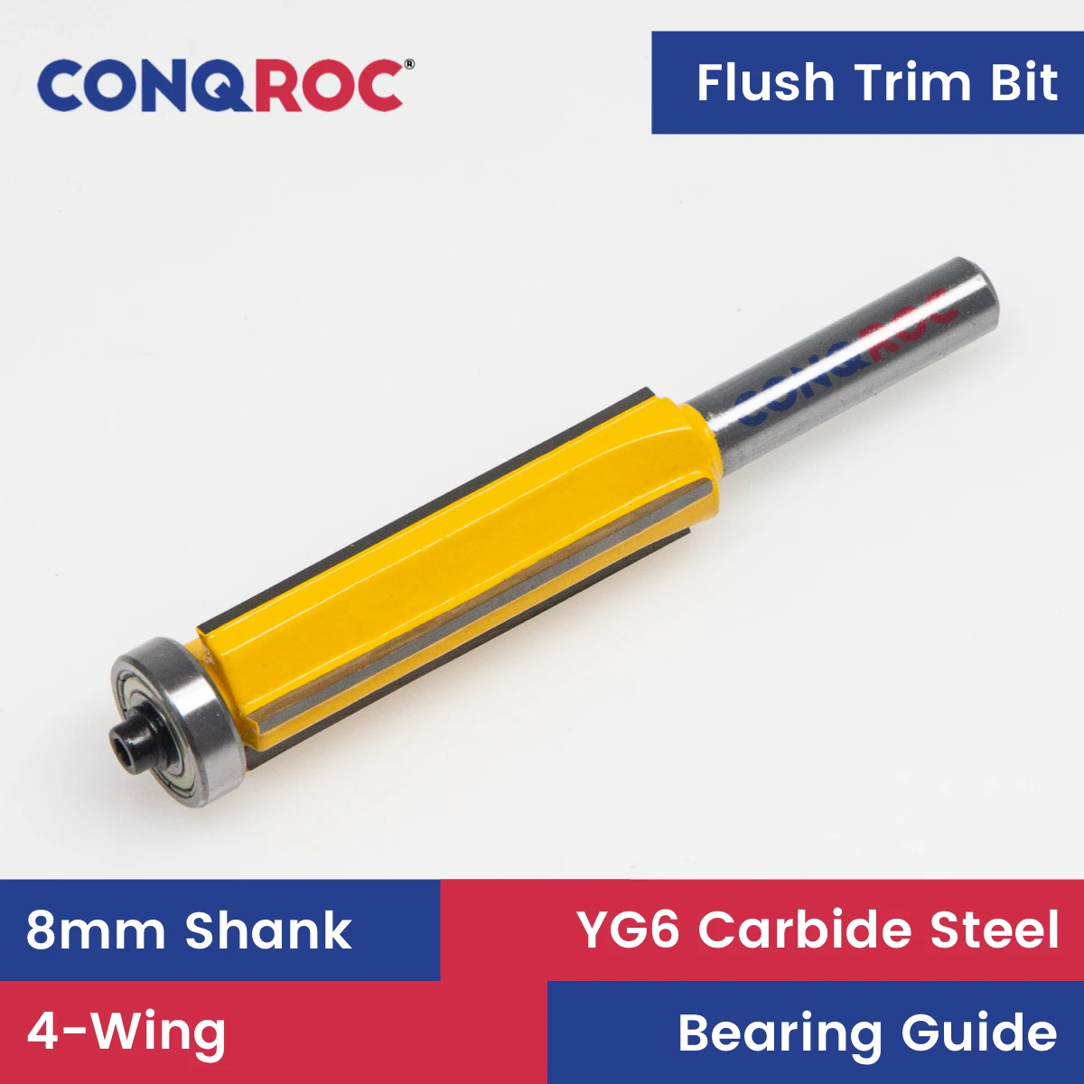 

8mm Shank 4-Wing Flush Trim Router Bit with Top Bearing Wood Template Milling Cutter 3-Option Cutting Length-30 | 40 | 50mm