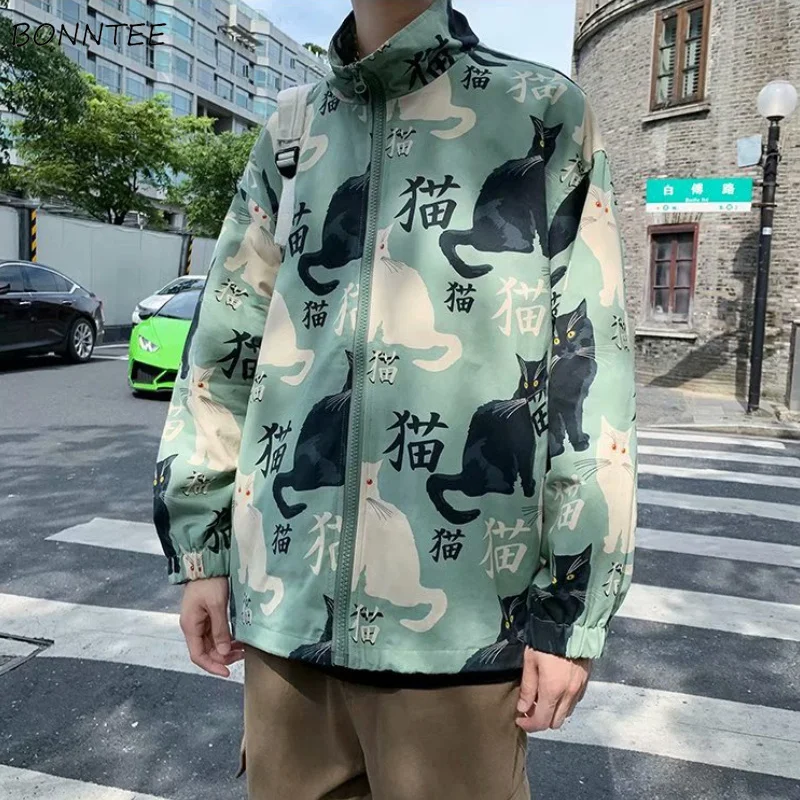 

Jackets Men Loose Cat Printed куртки Spring Chic Teens Fashion Ulzzang Ins Students Male Clothing Young All-match Daily Zipper