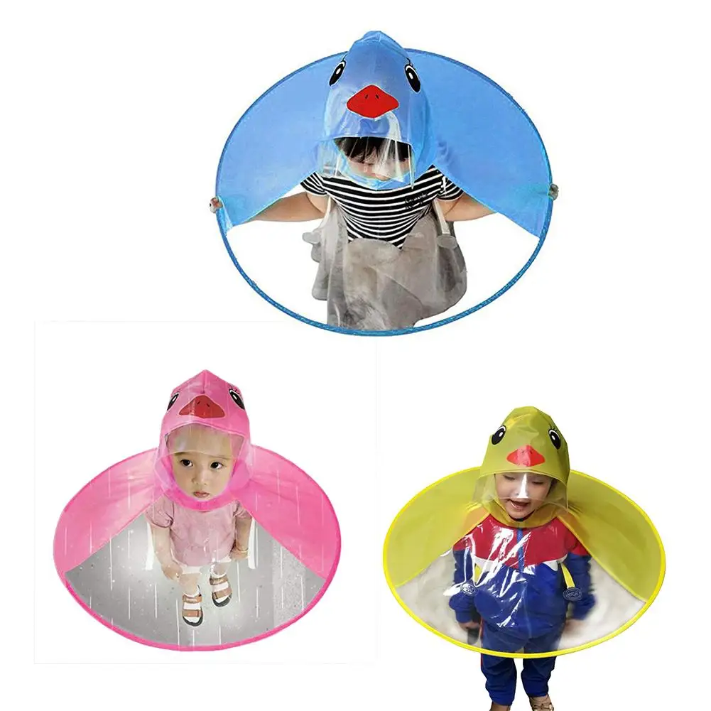 Cute Raincoat Cartoon duck Kids Rain Coat UFO Children Umbrella Hat Hands Free Tops Boys And Girls Windproof Poncho Baby