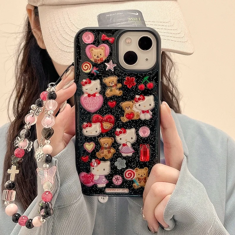 

Cute Cartoon Glitter Sanrio Hello Kitty With Lanyard Bracelet Phone Case For iPhone 14 13 12 11 Pro Max 14 Pro Back Cover Girl