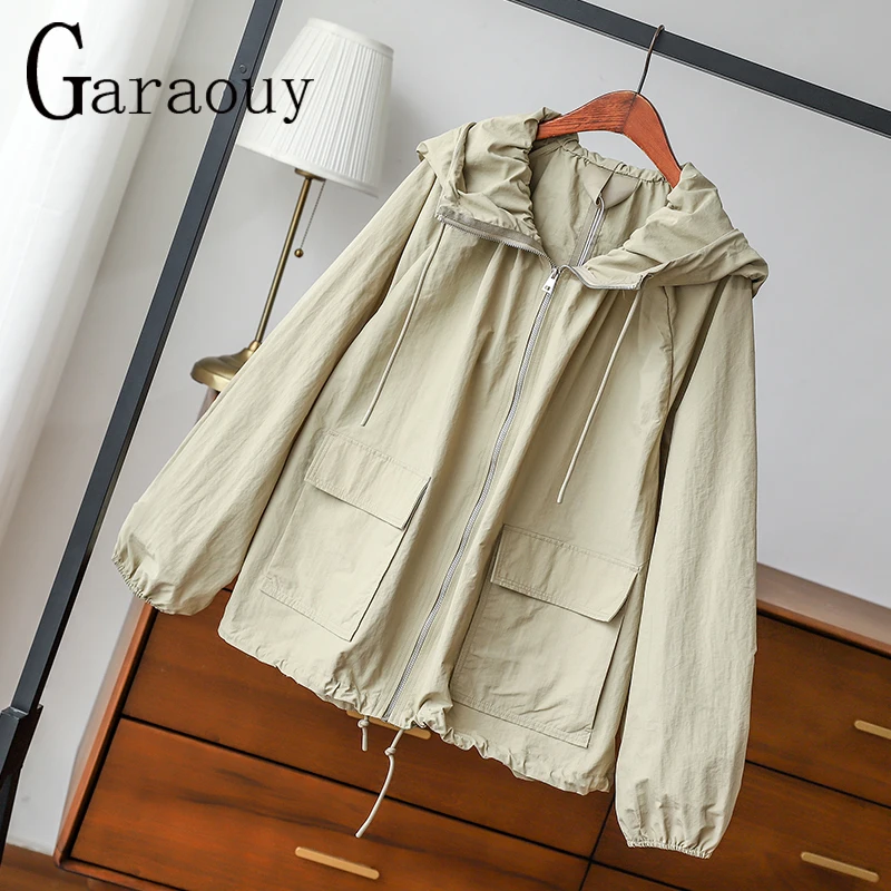 

Garaouy 2022 Autumn New Women Chic Tooling Style Jacket Female Hooded Zip Coat Oversized All-match Drawstring Pocket Tops Mujer