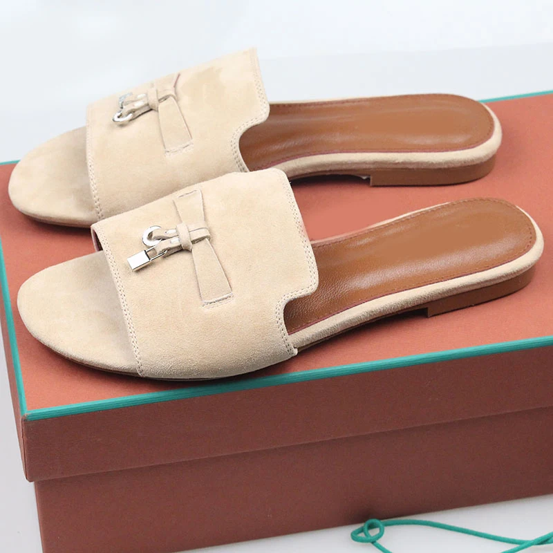 Summer New Women's Leather Slippers Pure Color LP Slippers Leisure Walk Slipper Ostrich Leather Brand Slippers  Size 34-46