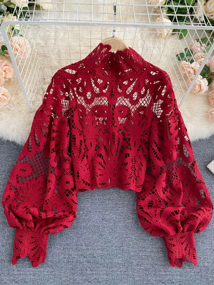 2023 Spring New Fashion Blouse Female Hollow Lantern Sleeve Temperament Blusa Stand-up Collar Slim Short Lace Shirt C342