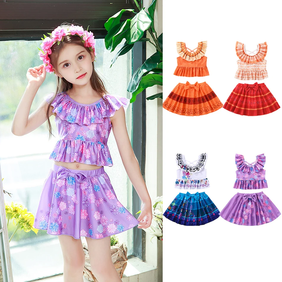 

2022 Summer Encanto Kids Swimwear Floral Girls Charm Tutu's Shoulderless Separate Swimsuit Children Beachwear Baby Bathing Suit