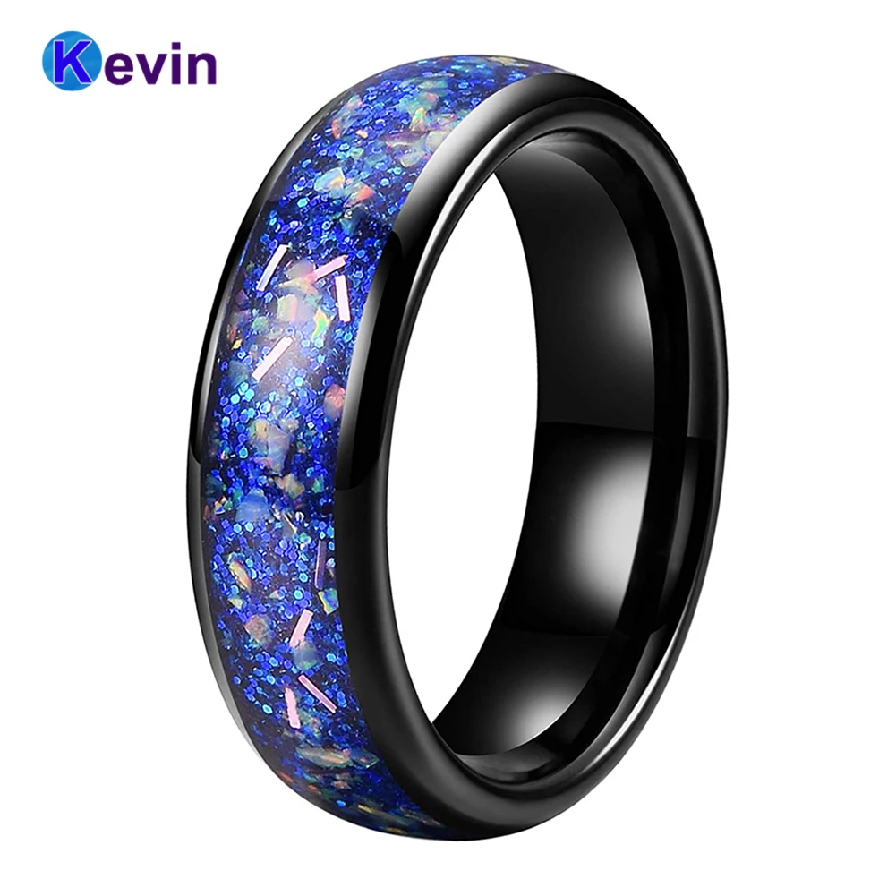 

Men Women Black Tungsten Wedding Band With Blue Opal Inlay Domed Brush Finish Width 6MM Comfort Fit