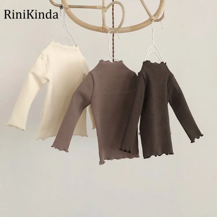 

RiniKinda Korean Children's Turtleneck Long-Sleeve T-Shirt 2023 Spring Girls Soft Solid Warm Bottoming Shirt Baby Kids Tops