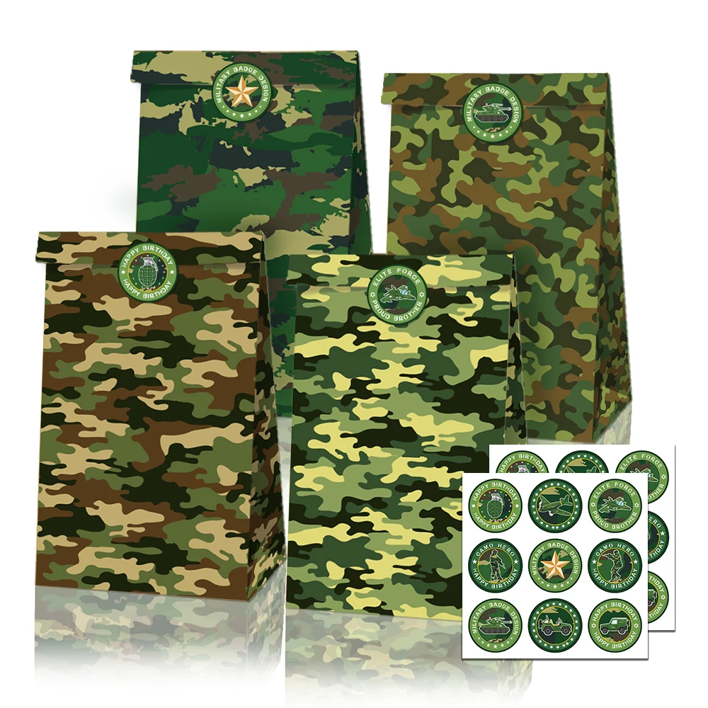 

LB063 12Pcs Cool Cosplay Camo Hero Army Camouflage Birthday Party Candy Kraft Paper Gift Bags Game Baby Shower Party Decorations
