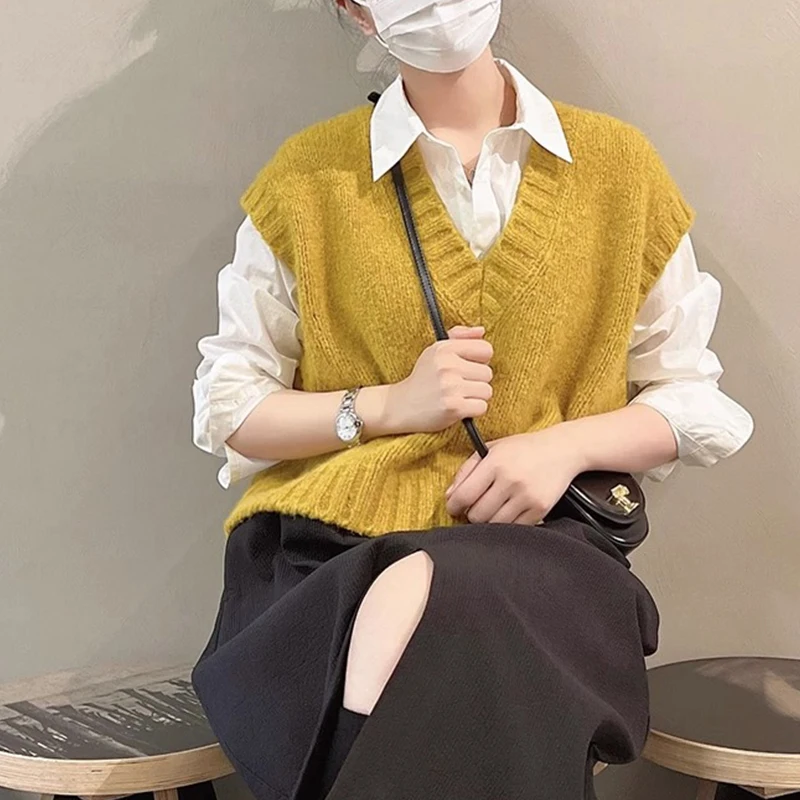 Японский модный ретро-свитер с V-образным вырезом Имбирно-желтый жилет для женщин