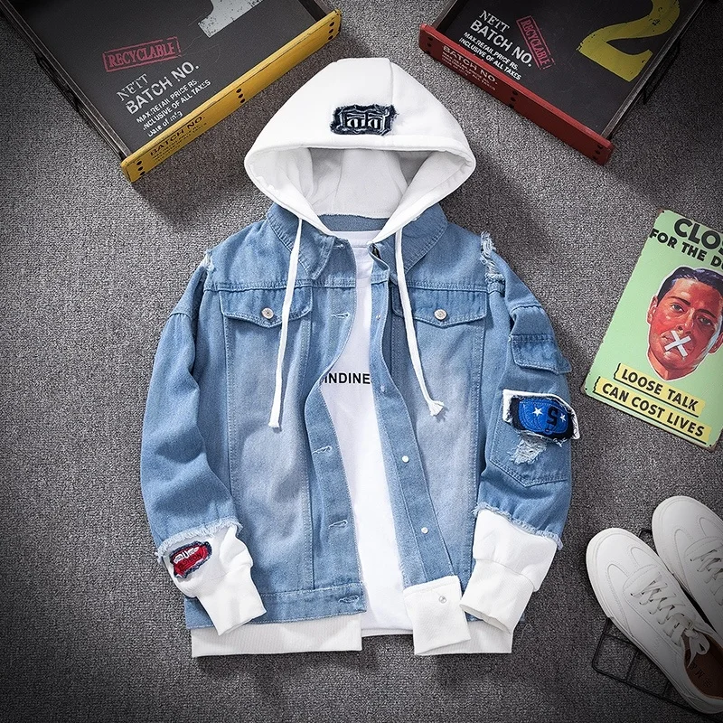 

2022 new men's denim jacket street Hip Hop hooded casual loose fashion slim