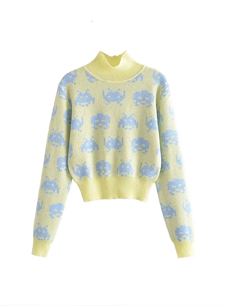 

Women 2022 Autumn Fashion Jacquard Knitted Sweater Vintage half high Neck Long Sleeve Female Pullovers Chic Tops