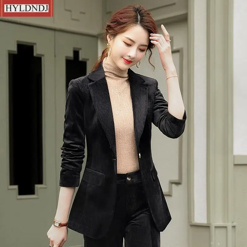 2023Spring Autumn New Women's Long-Sleeved Casual Small Suit Formal Wear Jacket Fashion Slim Slimming Solid Color Corduroy Jacke