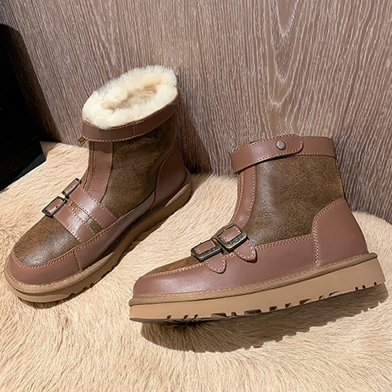 

Женские кожаные ботинки в Западном ретро-стиле, зимние теплые ботинки для верховой езды на меху и хлопке с пряжкой, женские ботильоны на низ...