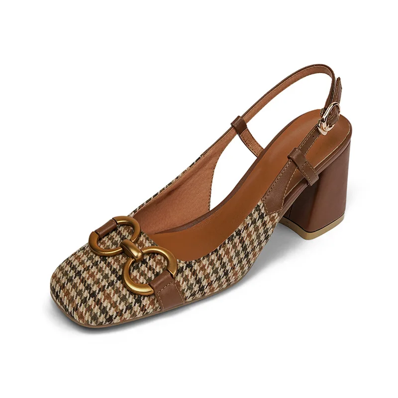 French Retro Metal Buckle Baotou Sandals Spring and summer women's new high heels, high heels, plaid single shoes
