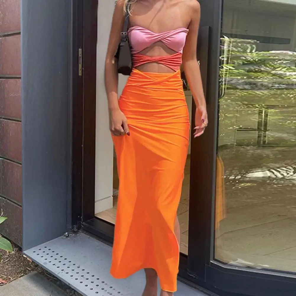 

Twist Knot Hollow Out Lady Dress Off Shoulder Backless Patchwork Color Midi Dress for Vacation