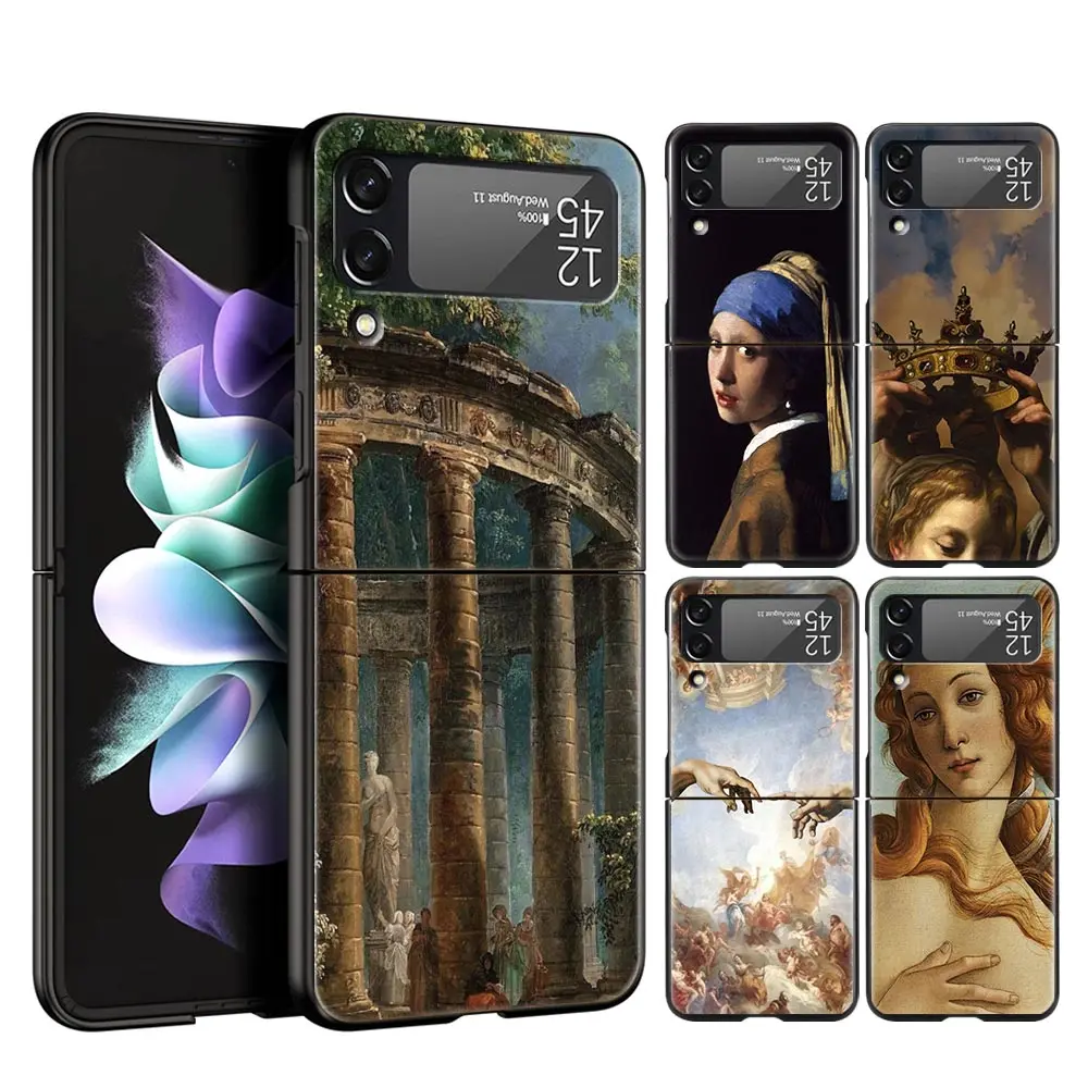 

For Samsung Galaxy Z Flip 3 4 5G Hard Black Folding PC Phone Case Renaissance art Painting Luxury For Samsung Z Flip3 Back Cover
