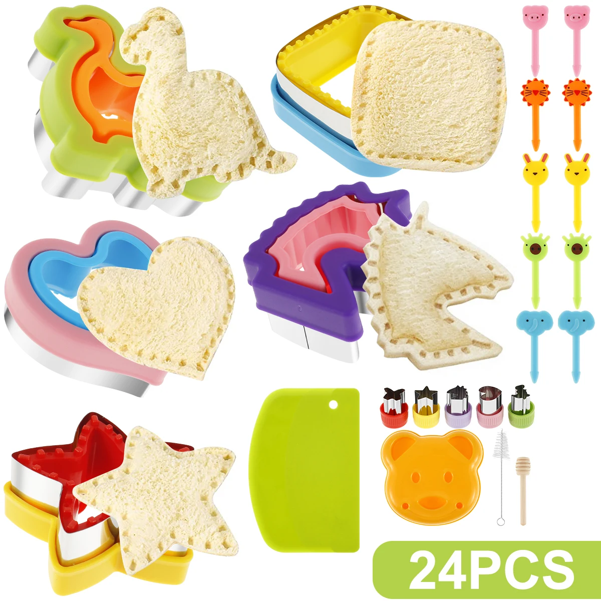 

24Pcs Sandwich Cutters Sealer Set 430 Stainless Steel Pancake Press Cutter Cute Heart Square Dinosaur Star Shape DIY Cookie