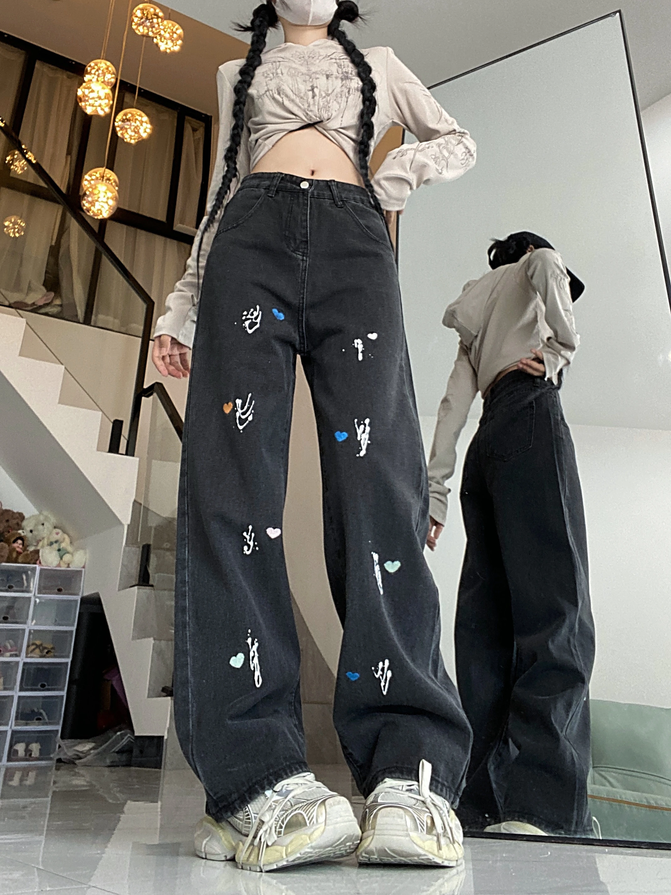 Джинсы WCFCX женские с вышивкой в стиле Харадзюку черные широкие брюки из денима