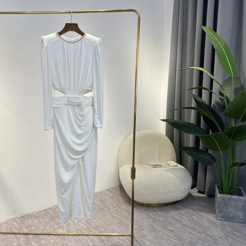 

Облегающее модельное платье с высоким разрезом, Осеннее высококачественное платье яблочно-зеленого, белого, черного цветов, с вырезами на т...