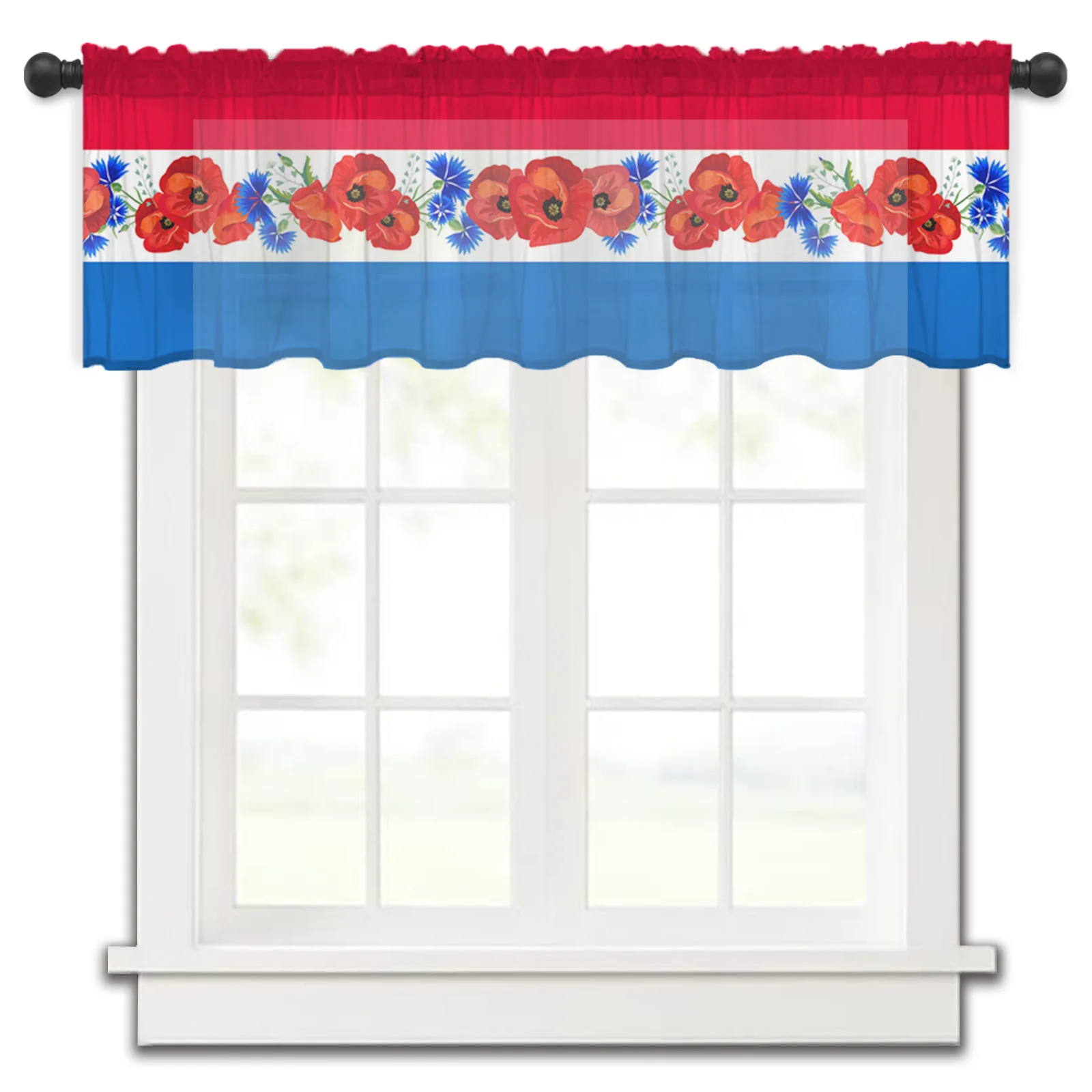 

American Flag Red Blue Flower Poppy Cornflower Kitchen Curtains Tulle Sheer Short Curtain Bedroom Living Room Decor Voile Drapes