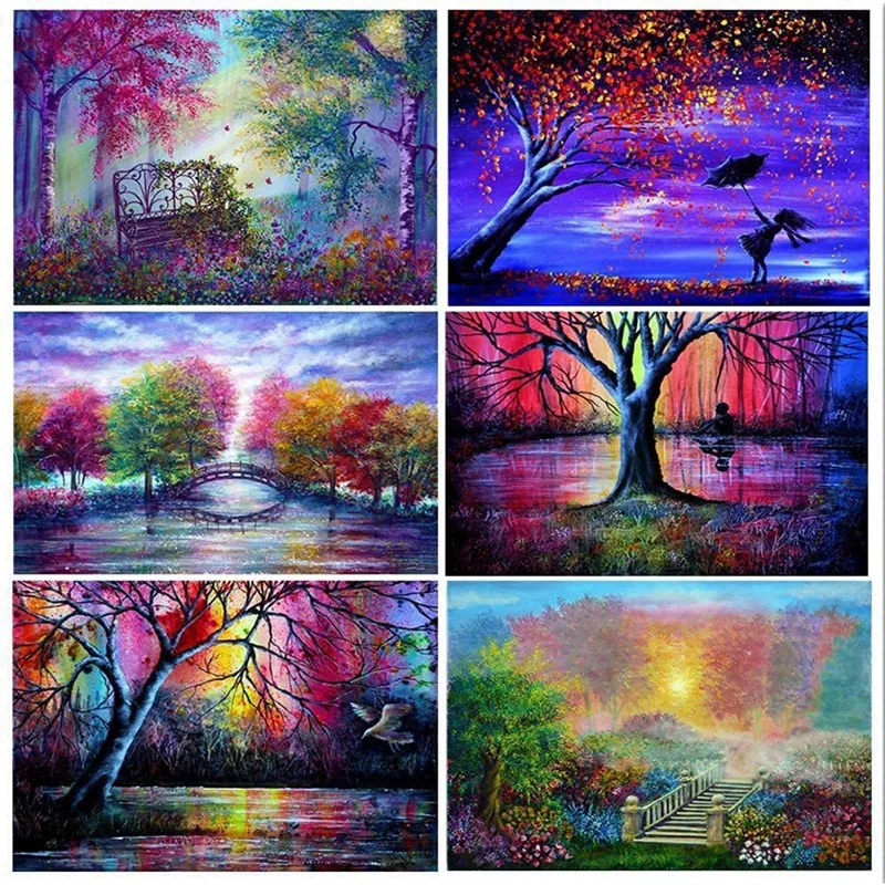 

6 Pack Colourful Tree Natural Diamond Painting Set Adult 5D Landscape Full Diamond DIY Painting Rhinestone 30X40cm