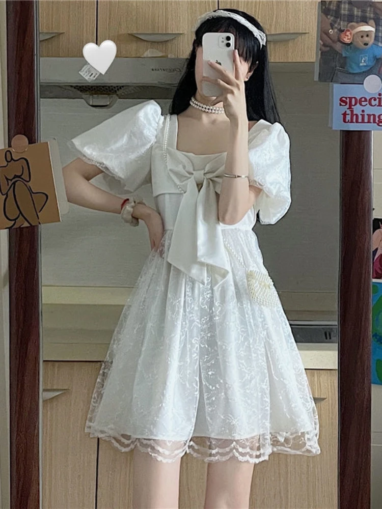 HOUZHOU Kawaii Women Dress Summer Bow Lace Patchwork White Fairy Dress Lolita Preppy Style Black Square Collar Streetwear