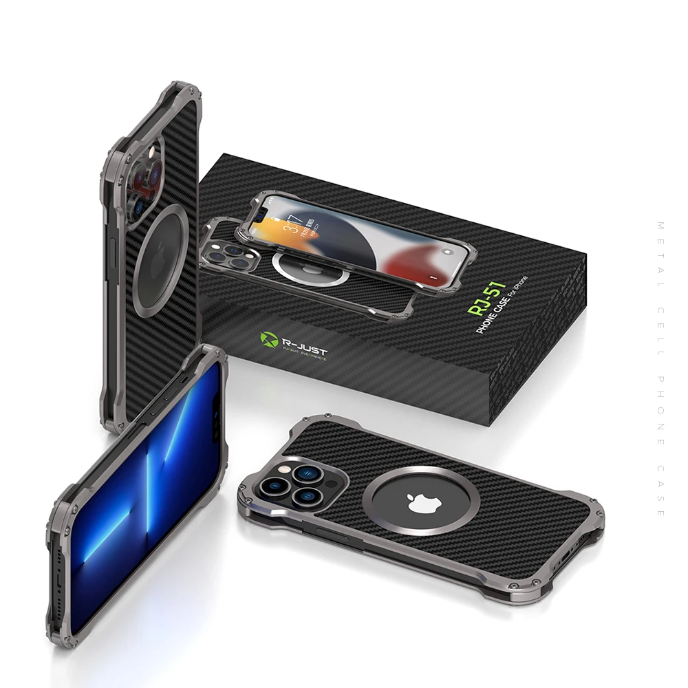 Najtaniej Original R-JUST Carbon Fiber Case For Iphone 13 Pro Max Cover Ultra Thin 13 Mini 12 Pro Metal Bumper Funda Skin Lens Protection