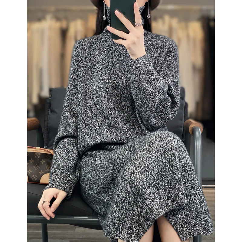 Кашемировый свитер с высоким воротником и юбкой длинная трикотажная юбка