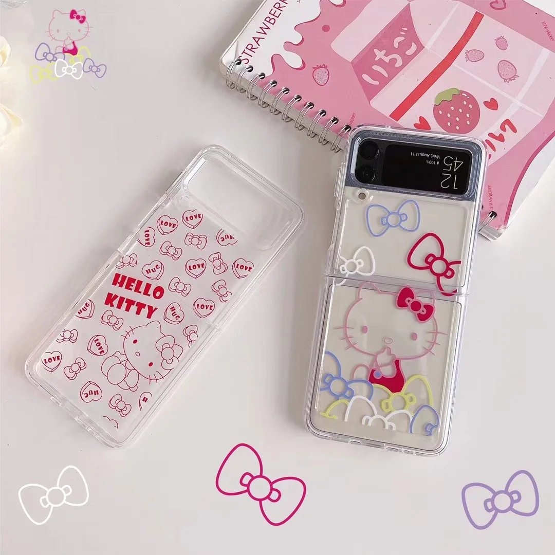 

Lovely Bow Hello Kitty Cat Phone Case For Samsung Z Flip 3 5G ZFlip3 Flip3 f7110 Soft For Galaxy Shockproof Transparent Cover