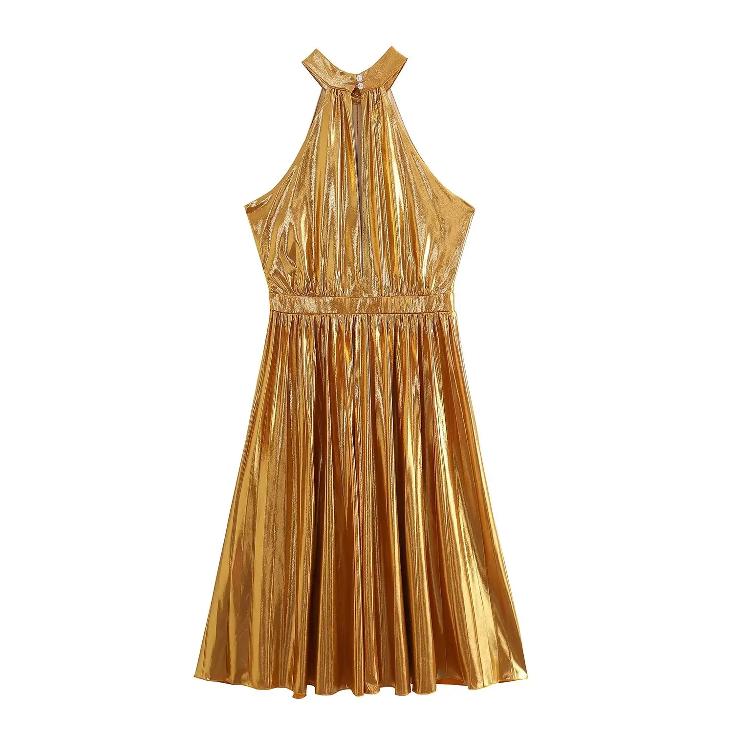 Женское позолоченное плиссированное платье-трапеция без рукавов с подвесным