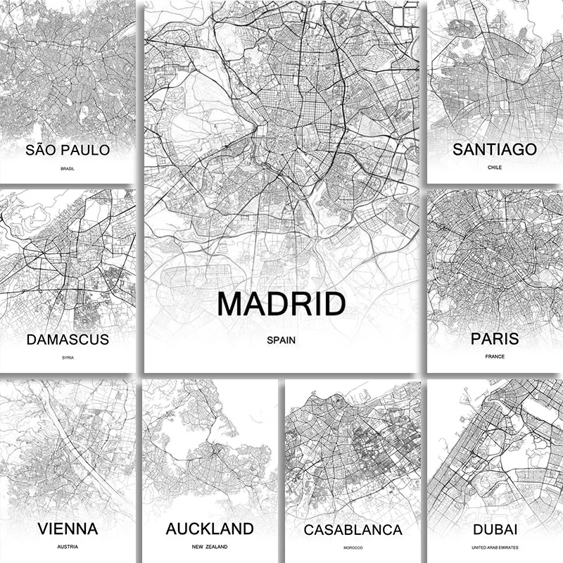 

Black White Custom City Map Poster London Moscow Vienna Auckland Madrid Santiago Los Angeles Dubai Canvas Prints Wall Art Decor