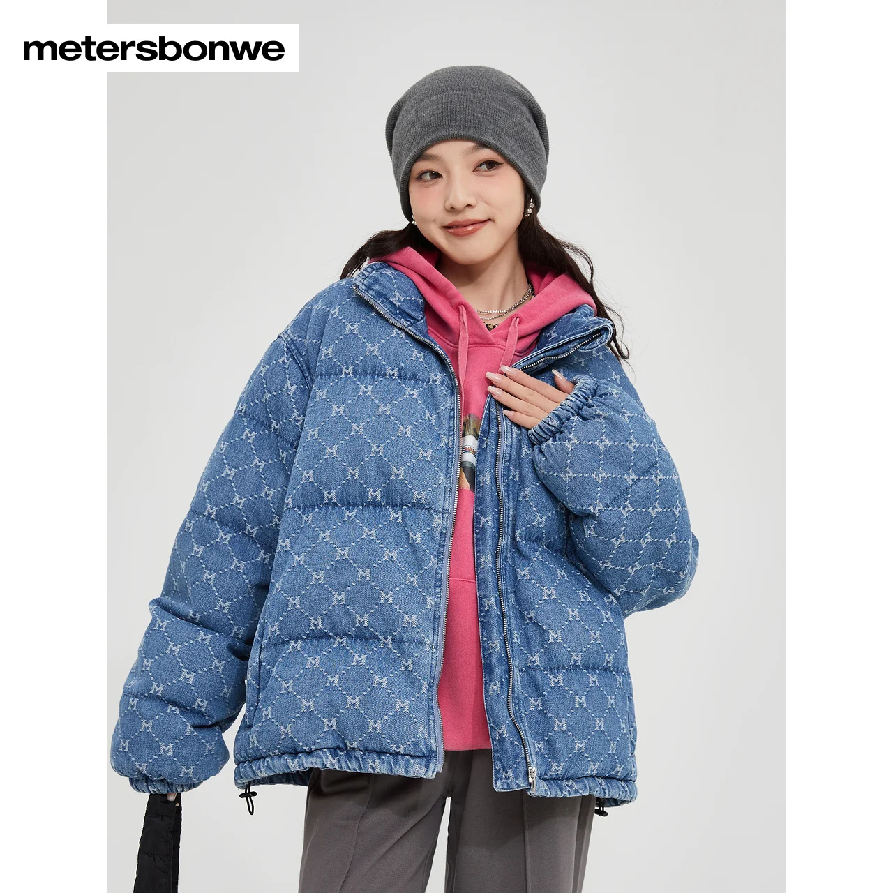 Metersbonwe Women Warm Jacquard Stand Collar Denim Jacket  Winter Fashion Thick Cotton-Padded Jacke Warm Loose Cotton Clothes