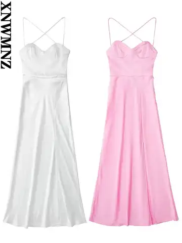 XNWMNZ 2022 женское модное атласное платье миди с вырезом сердечком и боковыми разрезами, винтажное платье с открытой спиной и тонкими бретелька...