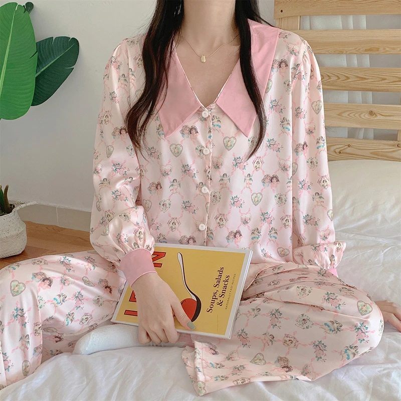 CAIYIER 2022 Flower Women Pajamas Set Long Sleeve Luxury Nightwear For Ladie Korean Sexy Sleepwear Suit Sweet Party Home Clothes