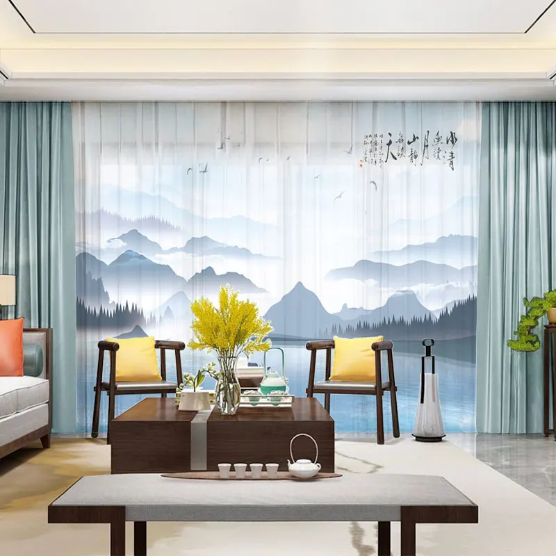 

Заказная шифоновая прозрачная занавеска для спальни, гостиной, горного холма, реки, лодки, деревья, пейзаж