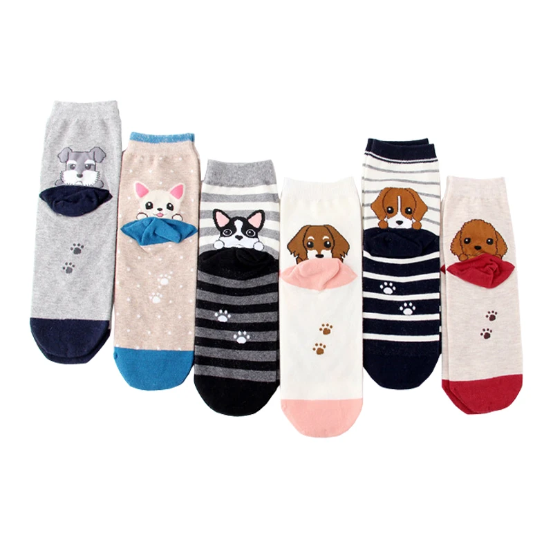 

6Pairs Lovely Women Animal Cotton Socks Autumn Winter Female Ladies Colorful Stripe Pug Border Collie Patterned Funny Tube Socks