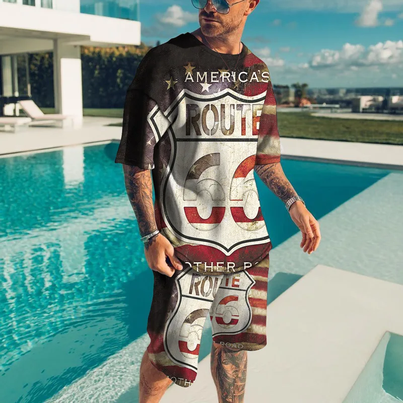 Route 66 USA Printed Men Suit Fashion T-shirt + Shorts 2-piece Set Loose Beach Casual Men Suit Summer Sports Clothing Oversized