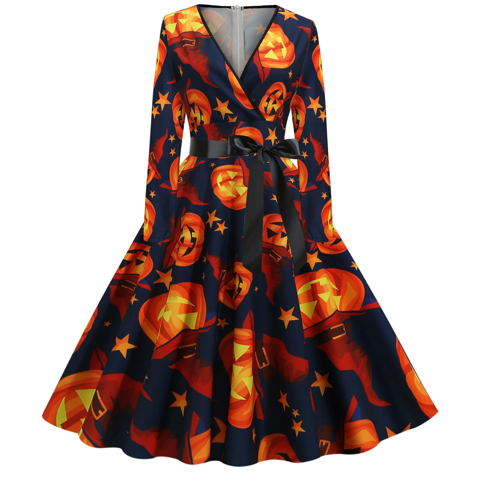 

Halloween Vintage Dresses For Women V Neck Long Sleeve High Waist Swing Dress Pumpkin Skull Print Swing Cocktail Dress