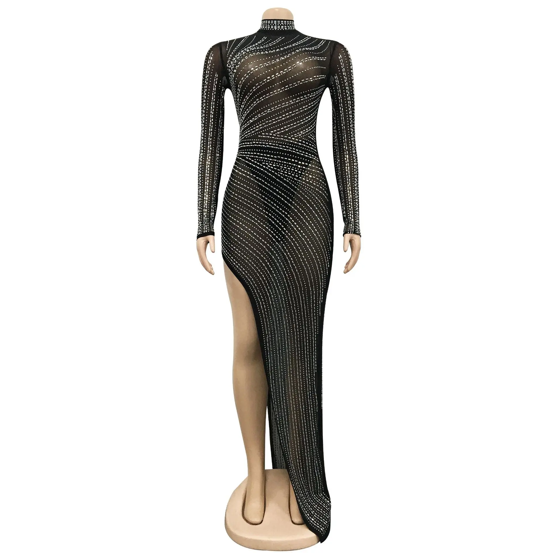 Plus Size Diamonds Sheer Mesh Sexy Party Dress Christmas Women Long Sleeve High Split Transparent Club Vestidos Luxury 2XL Gowns