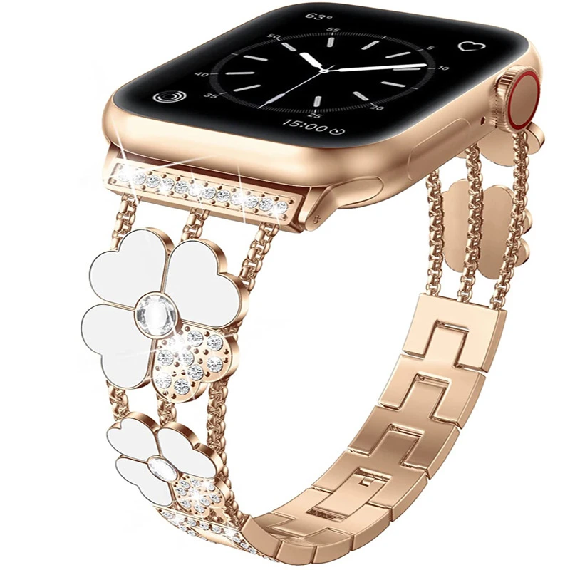 Bling Strap For Apple Watch Ultra 8 7 Band SE 6 5 4 45mm 41mm 44mm 40mm 49mmClover Stainless Steel Bracelet For iWatch 42mm 38mm