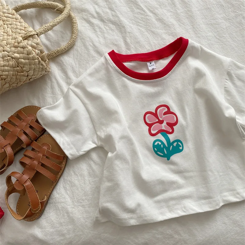 

Girls Cotton Flower Print Short Sleeve Contrast Color Comfortable Children Casual Clothing 2022 Summer New Leisure Basic Top