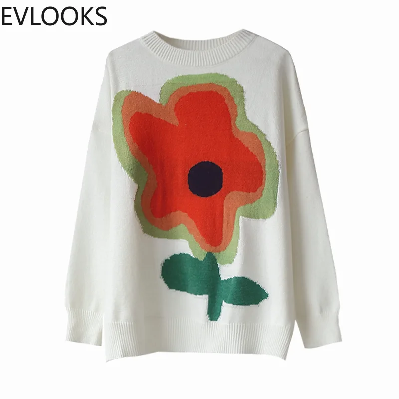 EVLOOKS Sweet Floral Pattern Sweater Women Autumn Winter Chic New O Neck Jumper Tops Loose Casual White Black Knitting Pullovers
