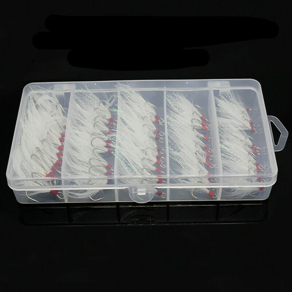

50pcs Fishing Treble Hooks White Feather Fly Disguise Lure Dressed 2/4/6/8/10# Tackle 5 Size*10pcs Fsihing Bait