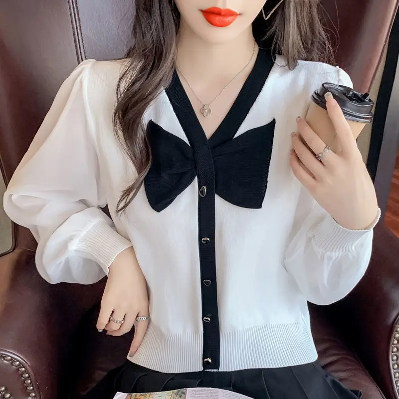 

Женский шифоновый кардиган с V-образным вырезом и бантом