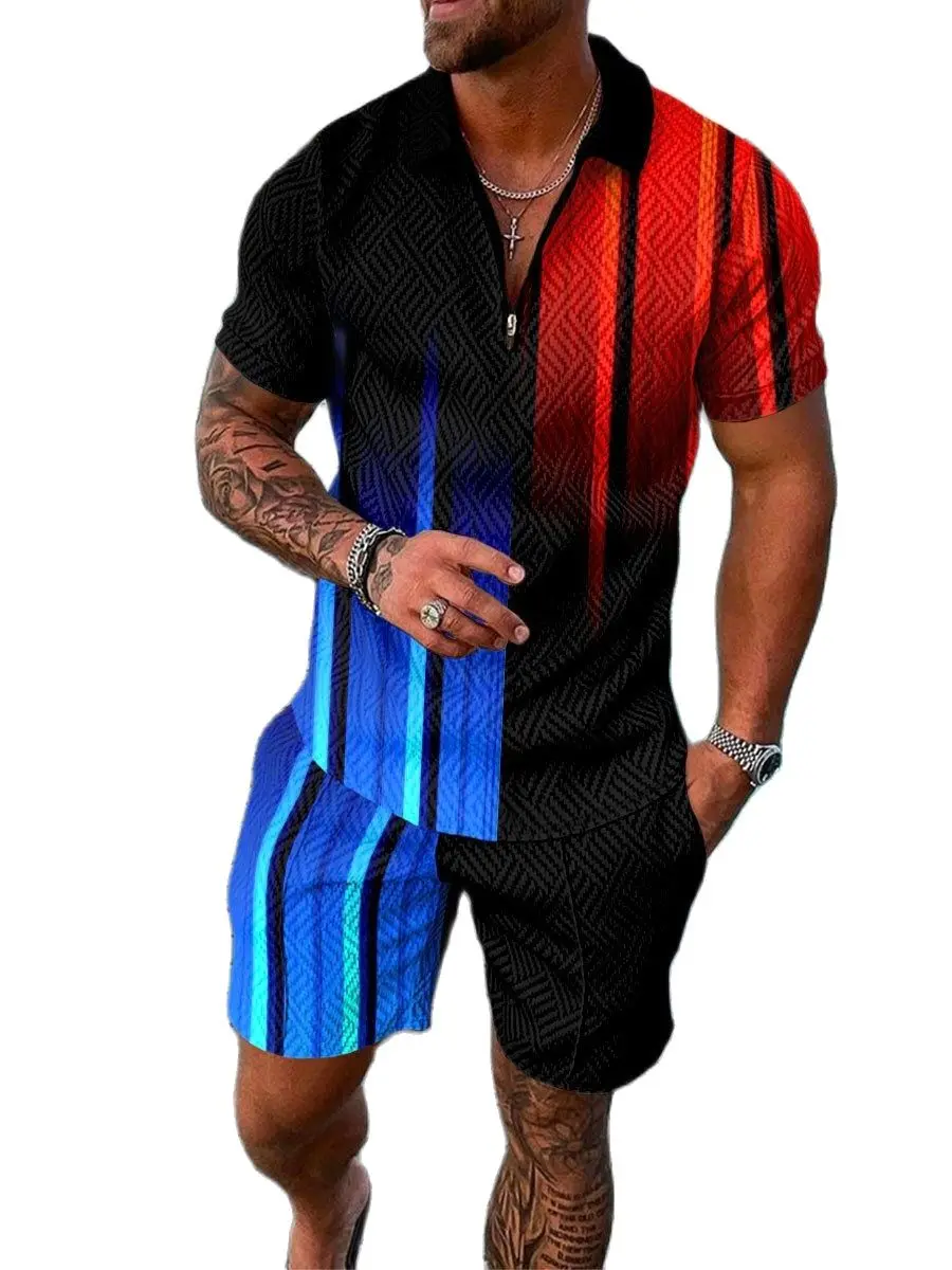 

Spring and summer men suit polo shirt zipper collar soft and breathable beach 2-piece high-quality 3D printing casual sportswear