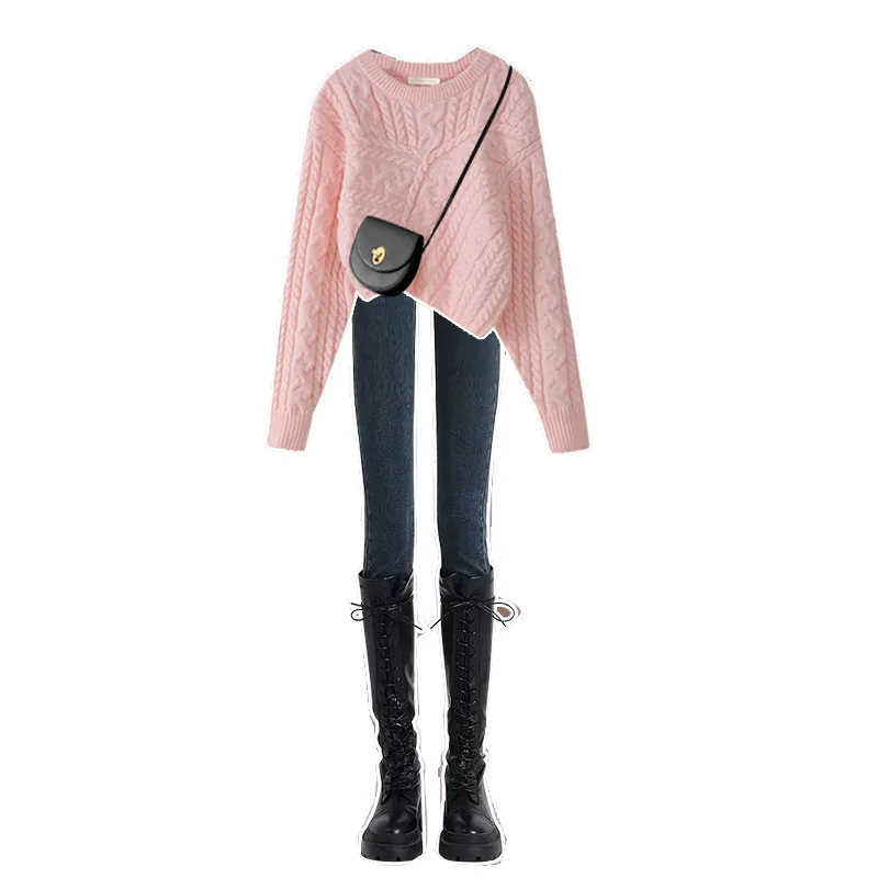 Autumn Women's Suit 2024 New Gentle Sle Wear High Sense Knit sweater Jeans Small Man Two-piece Set